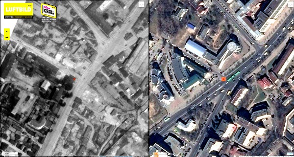 Вид сверху в 1941 году и сегодня. Красной точкой отмечен угол двух улиц